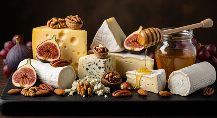 Delicious cheese board selection with honey, nuts and grapes for an elegant charcuterie display
