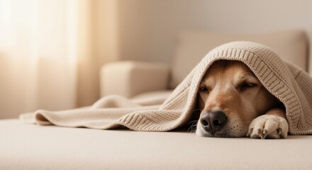 A cute dog sleeping under a cozy knitted blanket on the sofa. A tired or sick pet resting comfortably at home. Animal care and comfort concept with copy space