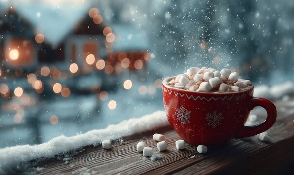Red mug of hot chocolate with mini marshmallows sitting on a snowy wooden ledge during a festive christmas evening - Powered by Adobe