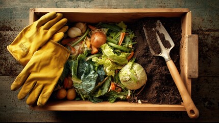 compost container with leftover vegetable waste, gardening gloves and fresh earth, sustainability theme