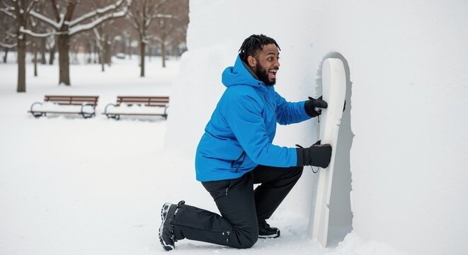 Happy black man building an igloo in a snowy park. Joyful person having fun with a winter outdoor activity on a cold day. Lifestyle and recreation concept
