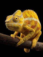 Chameleon in vibrant yellow and orange colors perched on a branch against a dark background