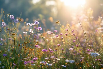 Bright morning sunlight illuminates a vibrant wildflower field in a serene landscape during springtime