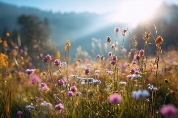 Colorful wildflowers blooming in a sunny meadow during the morning light in a serene natural setting