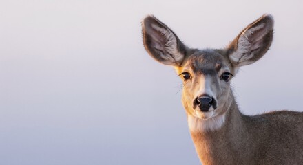 Fototapeta premium A close-up portrait of a curious mule deer doe looking at the camera. Wild animal in nature during a warm sunrise. Wildlife background with copy space for text