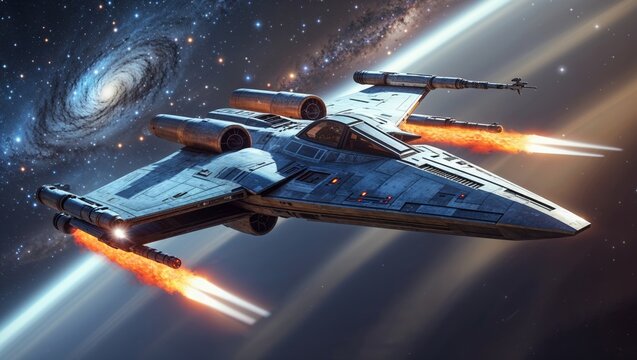 X-wing fighter soaring through space with a galaxy backdrop