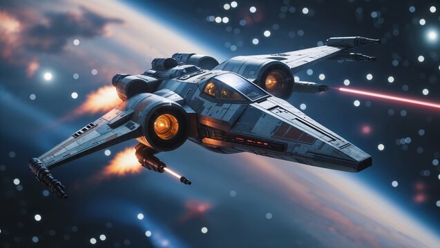 X-wing starfighter in space firing lasers during a galactic battle