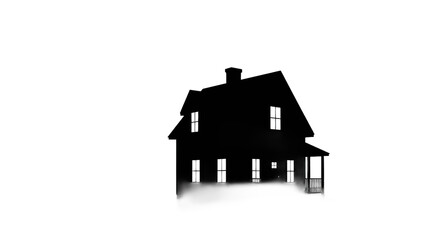 Silhouette of a two story house with glowing windows on a transparent background