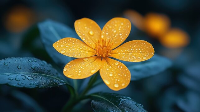 Close-up shot of a vibrant yellow flower with water droplets, showcasing intricate petal details. A blurred background of similar flowers and leaves adds depth.