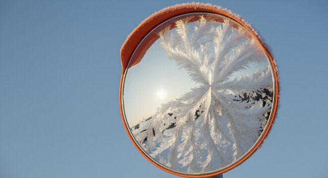 Intricate frost patterns on a convex traffic mirror on a cold sunny day. Winter ice crystals reflecting the sun against a clear blue sky - Powered by Adobe