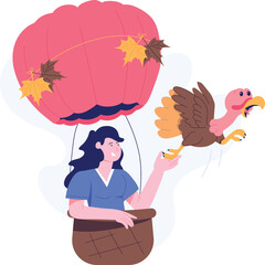 Woman in Hot Air Balloon with Turkey and Autumn Leaves Thanksgiving Celebration Theme