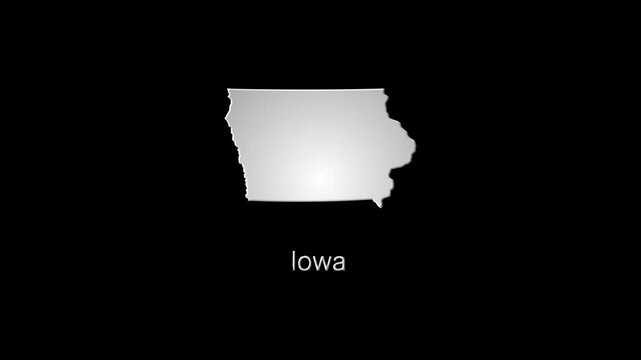 Glowing iowa map materializing from digital pixels on black background