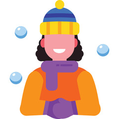 Young Person in Winter Attire with Blue Hat Yellow Trim and Purple Scarf Enjoys Snowballs in a Playful Outdoor Setting