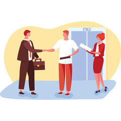 Two businessmen shaking hands and a woman holding documents in an office lobby near an elevator with a neutral background and flat design style