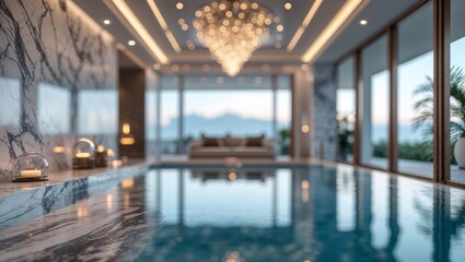 Luxury indoor swimming pool with mountain views and elegant chandelier