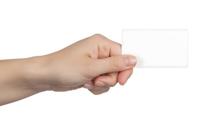 Hand holding blank white rectangular card toward camera