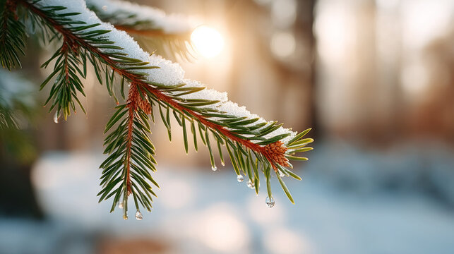 Frosted pine branches in golden sunlight capturing winter serenity