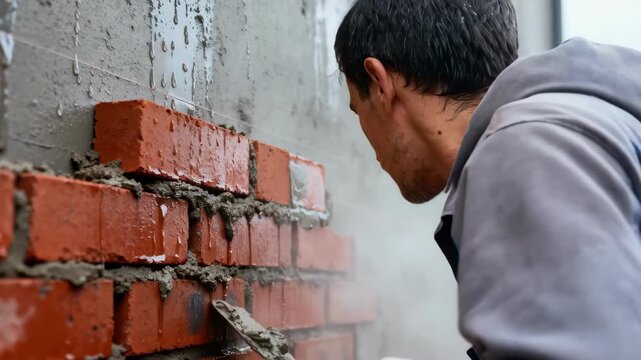 Worker attaching bricks to a damp exterior wall in humid weather showing moisture effects on materials and careful handling during installation.