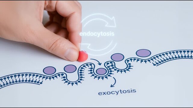 Facilitated diffusion process with endocytosis and exocytosis on cell membrane transport using hand placing red particle illustrating biology concepts