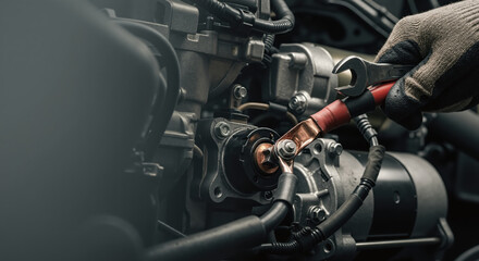 Fototapeta premium Auto mechanic working on a car engine with a wrench. Professional vehicle repair and maintenance service with copy space