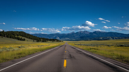 Fototapeta premium 真昼の直線道路と山並みが青空の下に広がる風景
