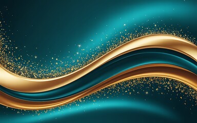 Elegant teal and gold abstract wave with glittering sparkles