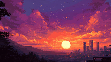 Retro lo-fi anime style landscape of futuristic city at sunset
