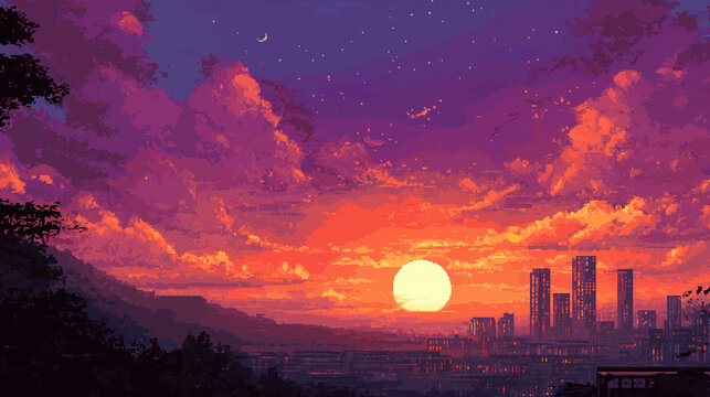 Retro lo-fi anime style landscape of futuristic city at sunset - Powered by Adobe
