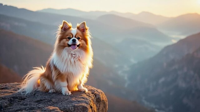 A fluffy dog sits on a rocky cliff with a mountain range in the background at sunset or sunrise dog video