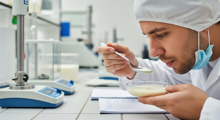 Curious food scientist in protective clothing carefully evaluates viscosity and aroma of creamy dairy sample in modern laboratory, conducting quality control tests with precise measuring instruments