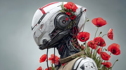 Cyborg blooms: An ethereal robot adorned with vibrant poppies, melding machine and nature in a stunning, post-human garden dreamscape.