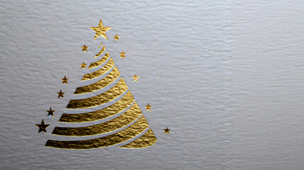 Minimalist Golden Christmas Tree Made of Glittering Ribbon on Sparkly Silver Background