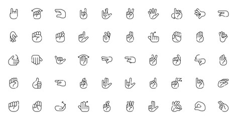 Deaf alphabet sign language icon set. Minimal line vctor illustration. Include symbols for letters, hell, I love you, goodbye, sto, question, ok and more. Eitable stroke.