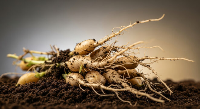 Freshly harvested organic baby potatoes with roots and soil on rustic earthy background symbolizing home gardening, sustainable agriculture and natural farm to table food concept - Powered by Adobe