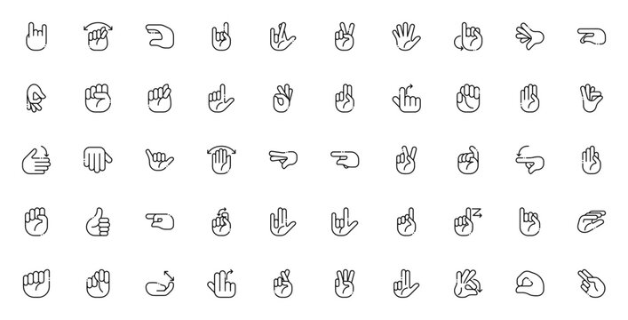 Deaf alphabet sign language icon set. Minimal line vctor illustration. Include symbols for letters, hell, I love you, goodbye, sto, question, ok and more. Eitable stroke.