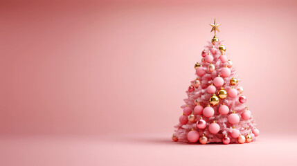 Pastel Pink Christmas Tree with Golden Ornaments on Pink Background
