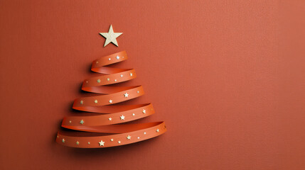 Modern Ribbon Spiral Christmas Tree with Golden Stars on Textured Red