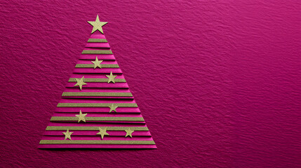 Magenta Glitter Christmas Tree Shape Formed by Striped Ribbon and Gold Stars on Magenta Background