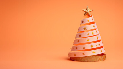 Minimalist Christmas Tree Constructed from Layered Ribbon on Peach Background