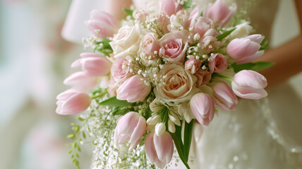 女性がピンクのチューリップの花束を手に持つやわらかなポートレート