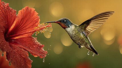 Fototapeta premium ハチドリがハイビスカスの花で蜜を吸う瞬間を切り取った描写