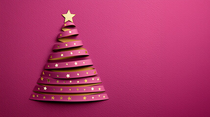 Minimalist Christmas Tree Shaped from Ribbon with Golden Star on Textured Magenta Background