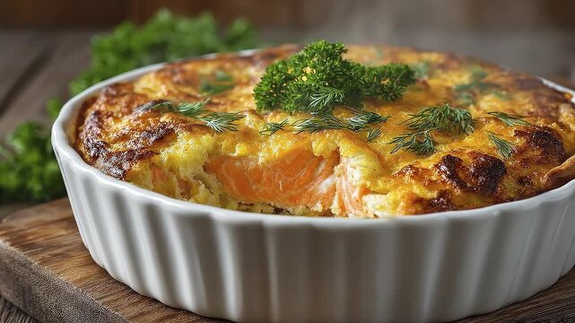 Salmon quiche sits in a white ceramic dish garnished with herbs on a wooden surface