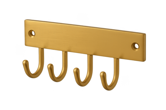 Golden metal wall hook rack isolated on transparent background