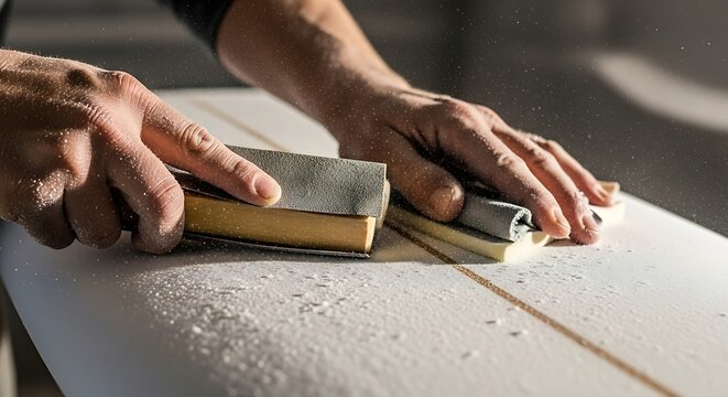 Surfboard shaping with sandpaper for a smooth finish and sleek design - Powered by Adobe