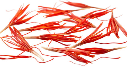 Close up of several vibrant red saffron threads with white stems scattered on a black background