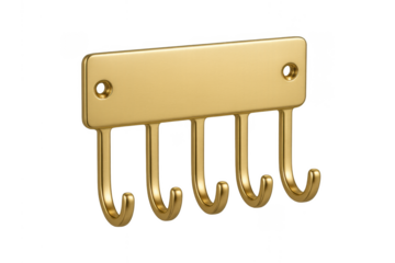 Golden metallic coat rack with multiple hooks on transparent background