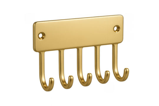 Golden metallic coat rack with multiple hooks on transparent background