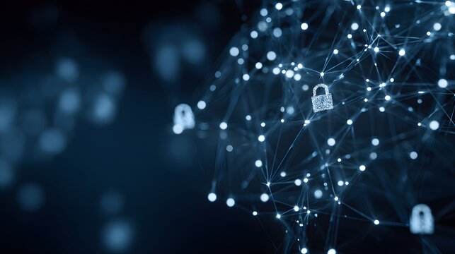 Network security concept featuring glowing padlocks connected by a digital web, symbolizing data protection and cybersecurity measures. - Powered by Adobe