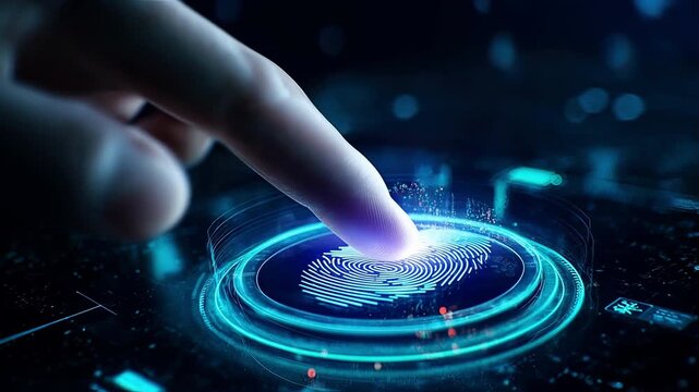 Futuristic biometric fingerprint scanner with human finger touching glowing blue digital interface for security and identity verification